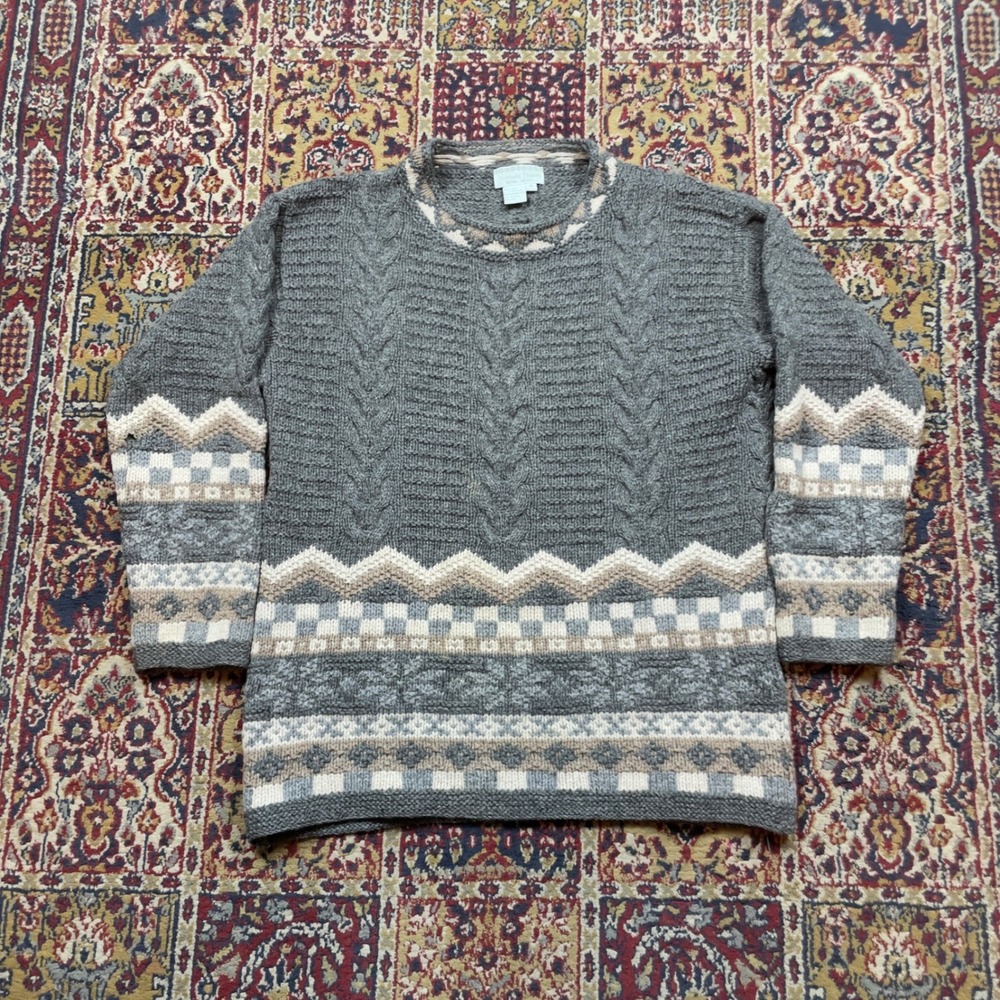 VTG‎ 80s Nomadic Traders Shetland Wool Fair Isle Cable Knit Sweater Gray Brown M